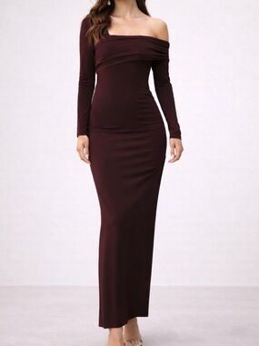 Karina Grimaldi Alex One Shoulder Maxi Dress Modal Merlot Size Large NWT
